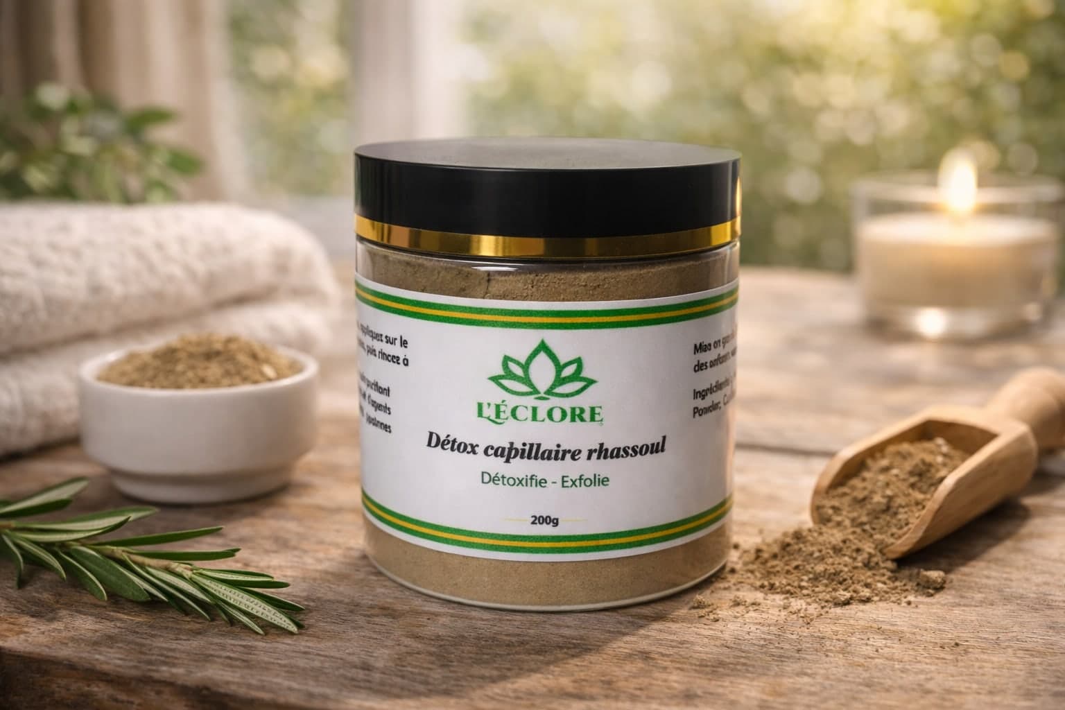 Pot de détox capillaire au rhassoul L'éclore et poudre d'argile sur une cuillère en bois