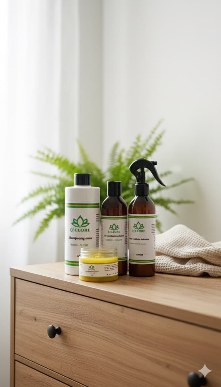 Gamme capillaire L'éclore sur une commode blanche dans une chambre lumineuse