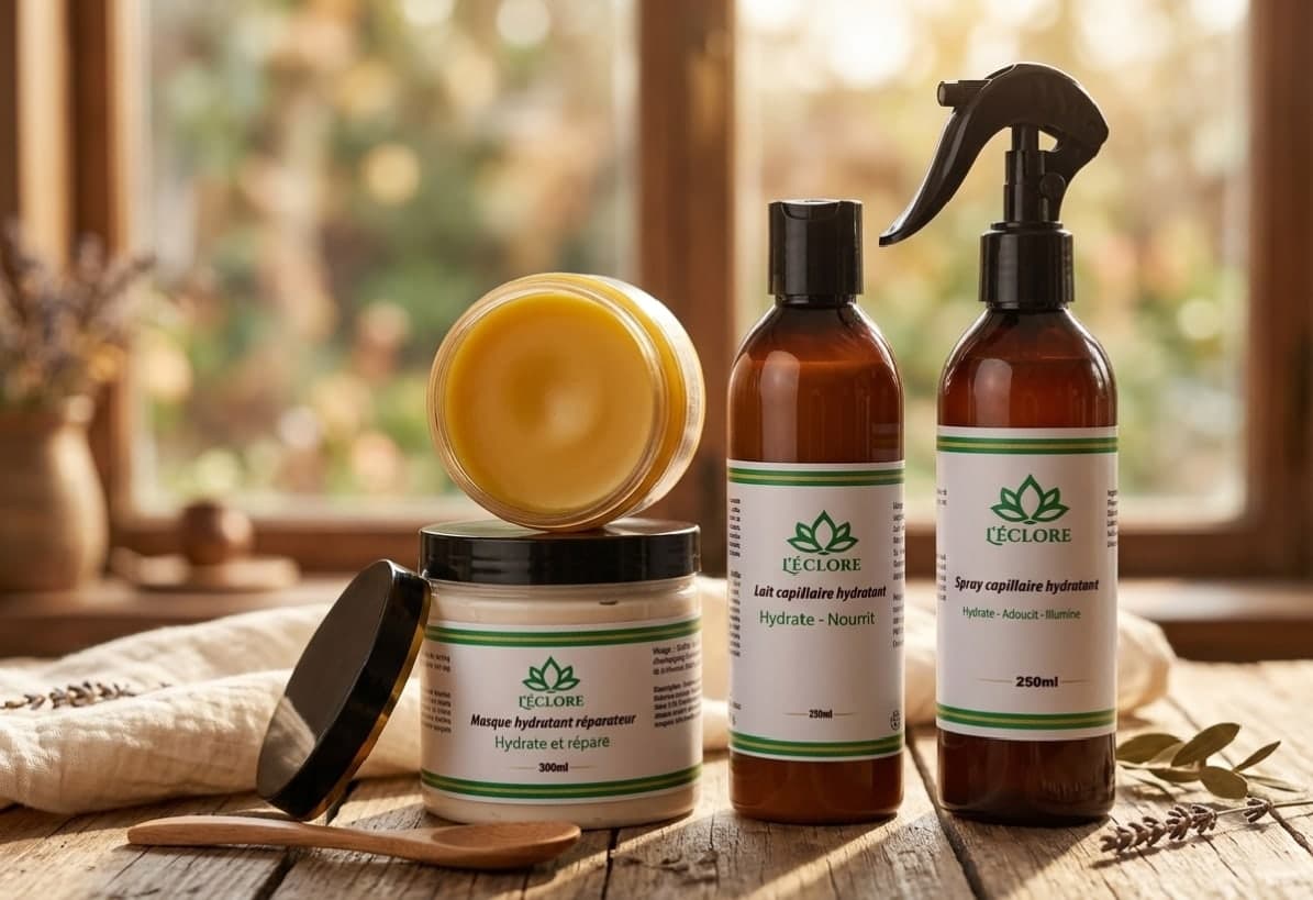 Masque, lait, spray et baume L'éclore alignés devant une fenêtre lumineuse