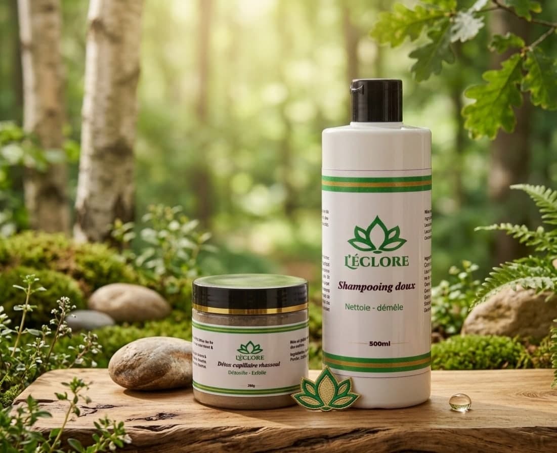 Shampooing doux et pot de détox L'éclore posés sur la mousse, en forêt