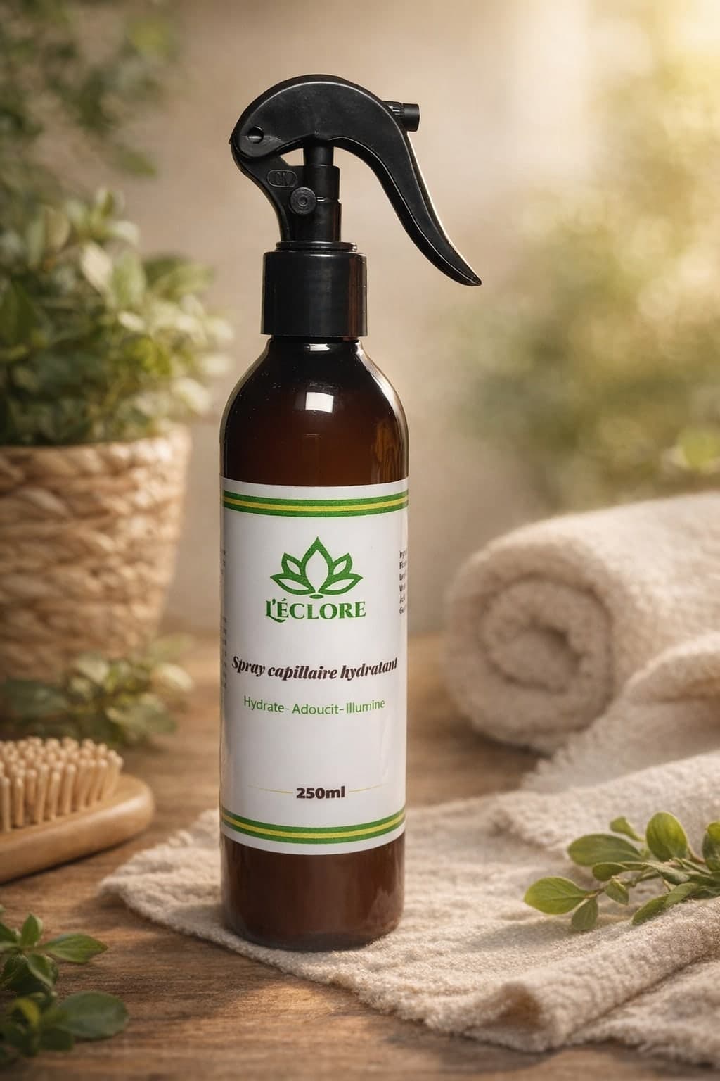 Spray capillaire hydratant L'éclore, flacon ambré, à côté d'une brosse en bois
